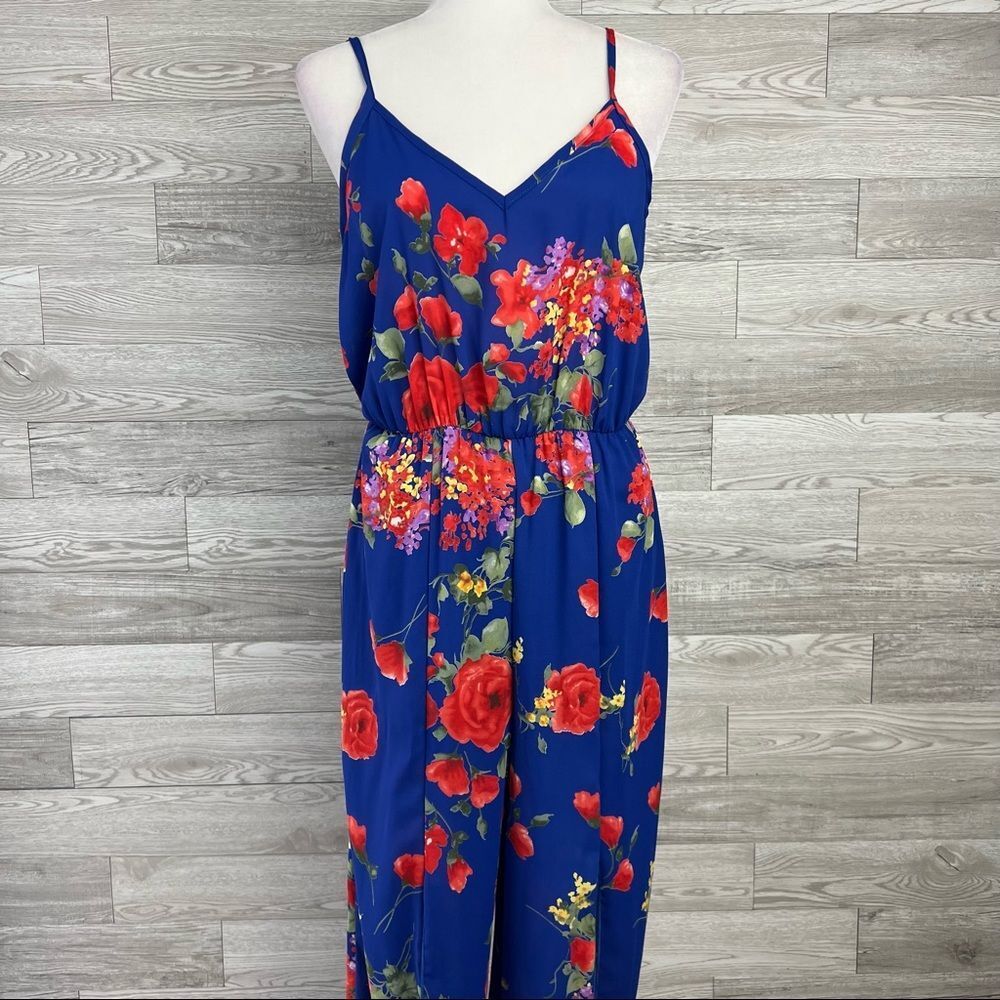 NWT Vijo Couture Women Blue floral tank sleeveless Jumpsuit Front Slits Sz M